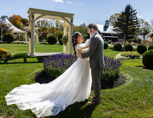 Bride and groom portrait at a Connecticut garden wedding